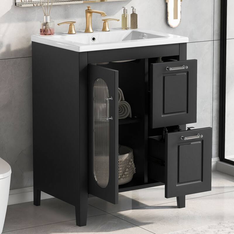 Roomfitters 24" Bathroom Vanity with Sink, Solid Wood Frame & Moru Glass Door, 2 Drawers & Adjustable Shelf
