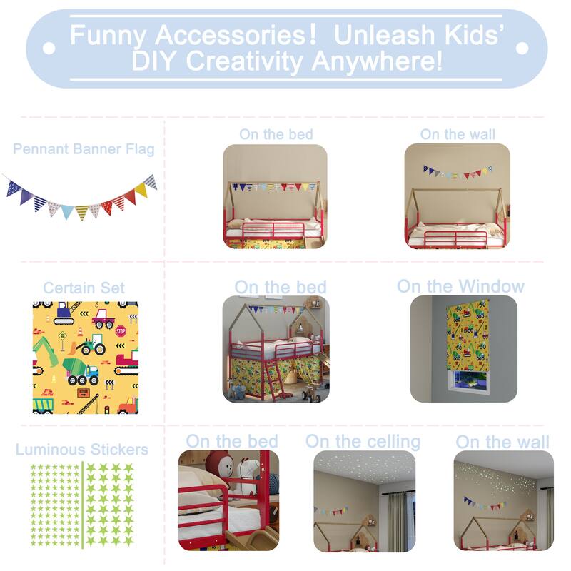 Metal Junior House Twin Loft Bed with Slide and Curtain Set and Pennant Banner Flag and Star Stickers