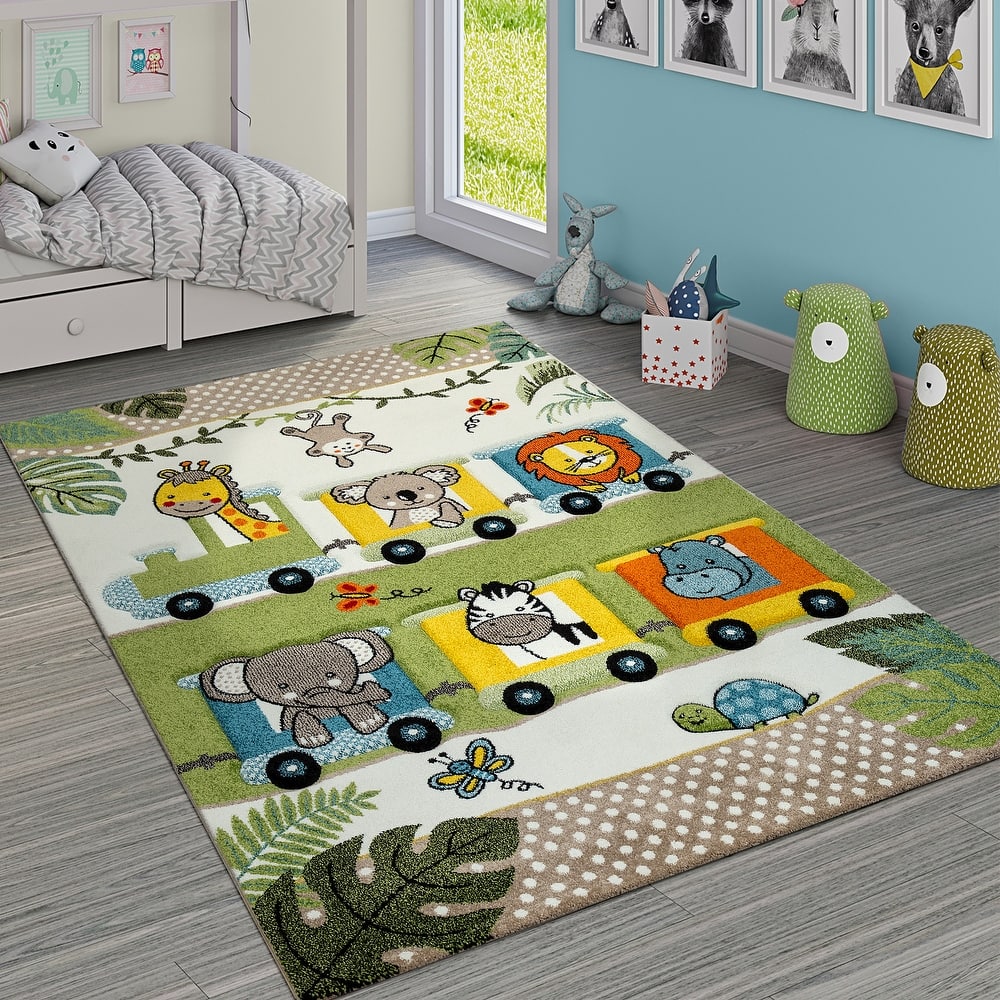 Nursery Rug Cute Jungle Animals Locomotive Kids 3D Effect Green Cream