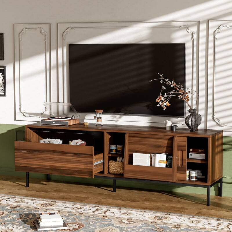 Farmhouse TV Stand for TVs up to 75 Inches, Sliding Doors TV Cabinet TV Console Table for Living Room