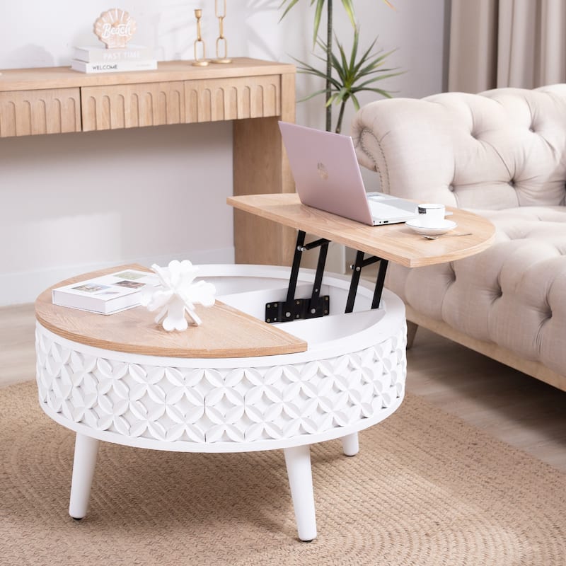 Round Coffee Table with Storage - 31.5" Lift-Top Accent Table, Boho Modern Farmhouse Living Room Furniture