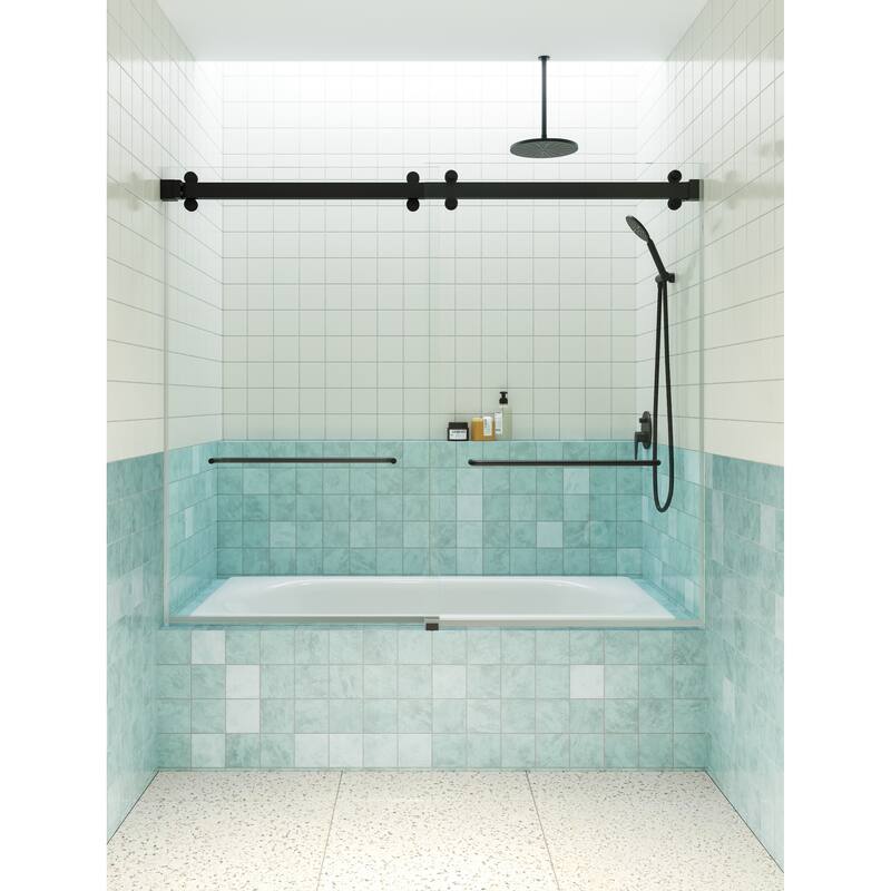 Polaris 60 in. x 60 in. Fully Frameless Glass Sliding Bypass Bathtub Doors with Square Hardware