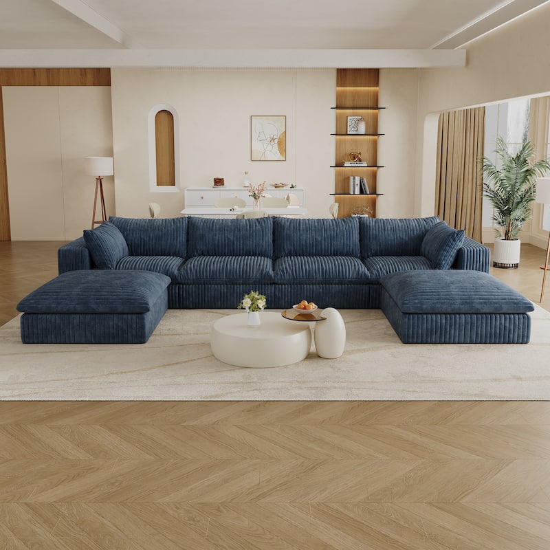 Corduroy Upholstered Deep Seat U-shaped Sectional Sofa with Ottomans and Double-layer Seat Cushions, Large Chaise Lounger Couch - Blue