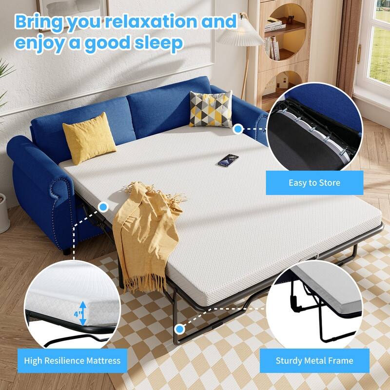 Mixoy Full/Queen Size Pull Out 2 in 1 Sleeper Sofa Bed with Mattress,Convertible Upholstered Loveseat with Nailhead