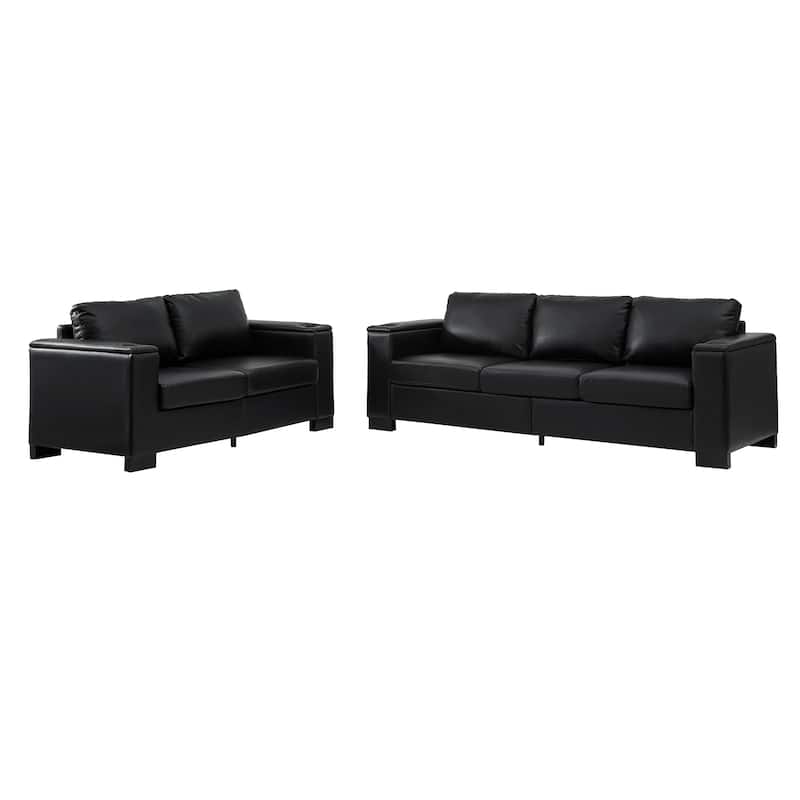 PU Leather Loveseat Sofa & 3 Seater Lounge Couch Set with Cup Holders, Storage Armrests and Seat for Living Room, Office