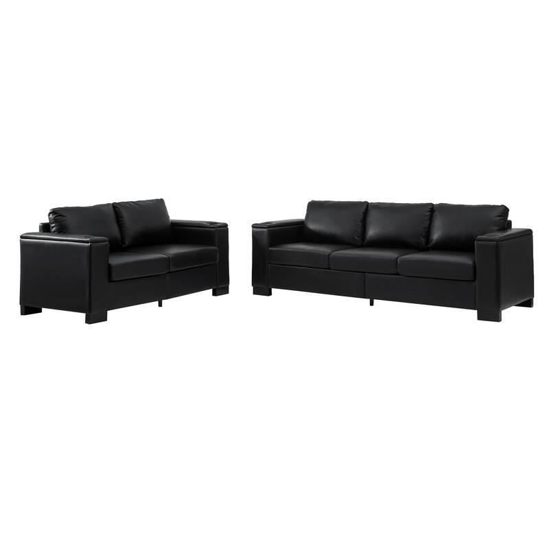 Roomfitters 2-Piece 2+3 Seater Sofa Set with Square Armrests, Faux Leather Couches with Cup Holder and Storage for Living Room