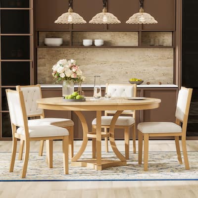 5-Piece Retro Functional Dining Table Set Extendable Round Table and 4 Upholstered Chairs for Dining Room and Living Room