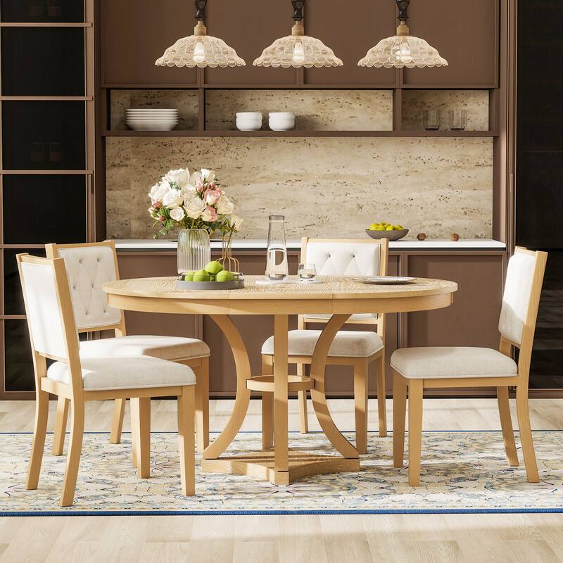 Natural Round Table & 4 Chairs Set with Upholstered Chairs, 5-Piece Retro Dining Set with Extendable Round Table