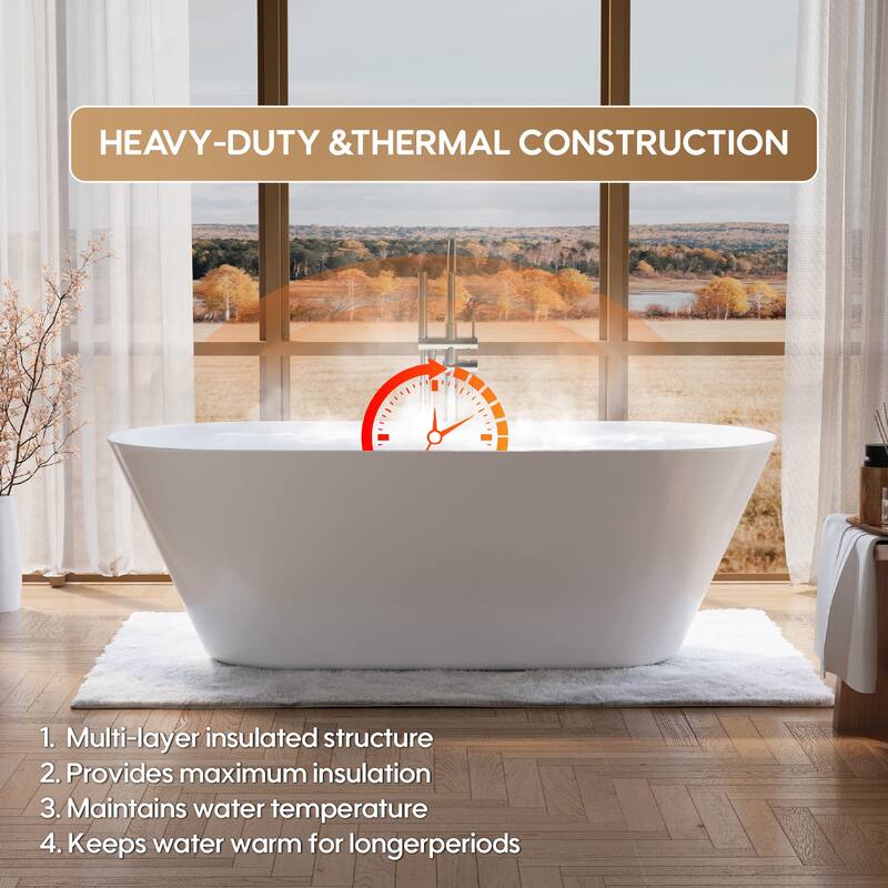 Glossy White Freestanding Soaking Bathtub, 100% Pure Virgin Acrylic with Drain And Overflow