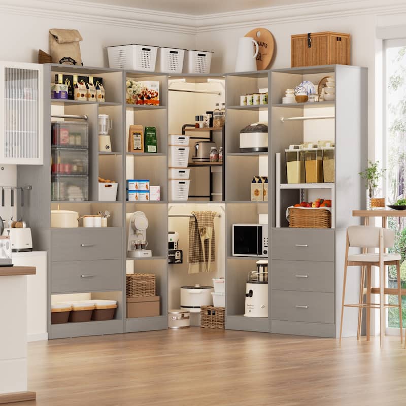 Kyrvo Corner Closet System with 5 Wooden Drawers & 12 Shelves, Freestanding Closet Organizer System for Walk-in/Reach-in Closet