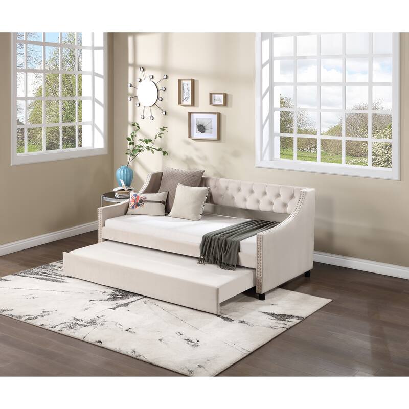 Full Size Daybed with Trundle Upholstered Tufted Sofa Bed, with Button and Copper Nail