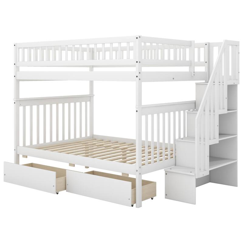 White Full Over Full Bunk Bed with Storage Drawers and Safety Rails