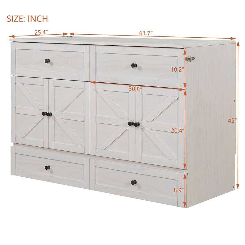 Space-Saving Queen Murphy Bed with Storage Drawers, USB Ports & Outlets, Brushed White/Gray Finish