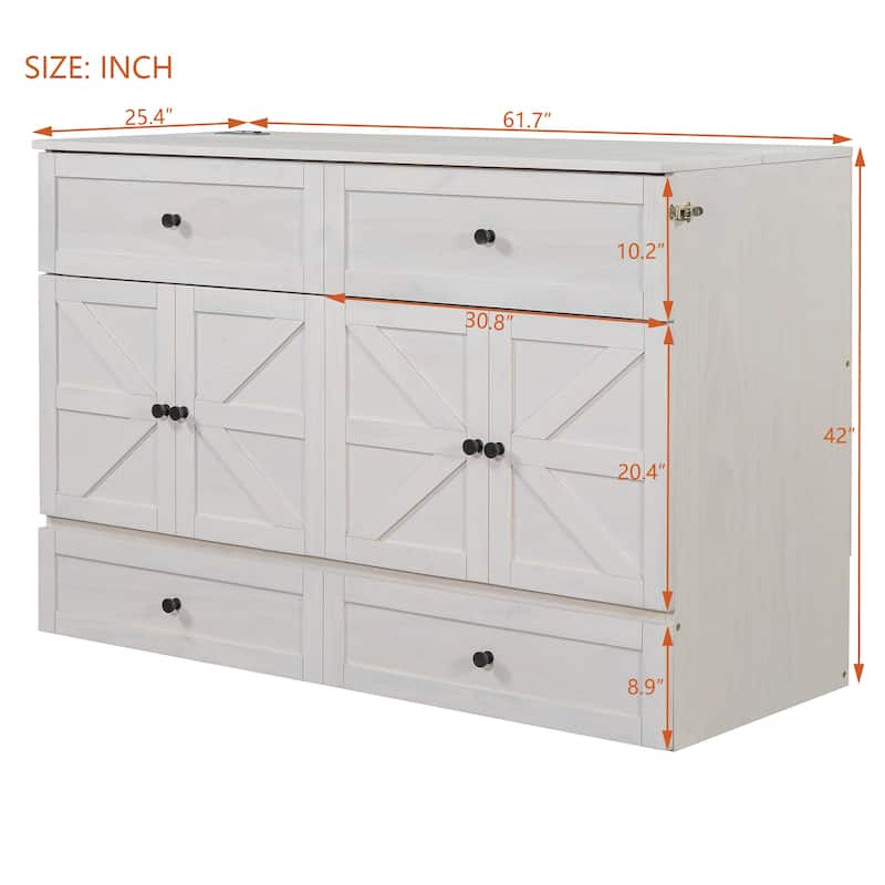 White Queen Size Murphy Bed with Large Storage Drawers and USB Ports