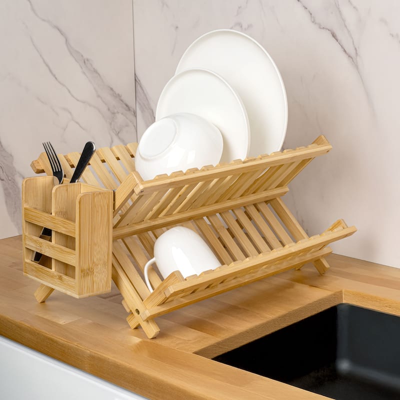 Arlen Farmhouse Foldable 2-Tier Dish Drying Rack with Detachable Utensil Holder
