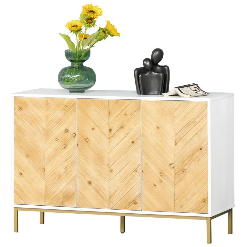 3 Door Sideboard Buffet Cabinet, Kitchen Cabinet, Coffee Bar Cabinet with Chevron Pattern, Adjustable Shelf and Metal Legs