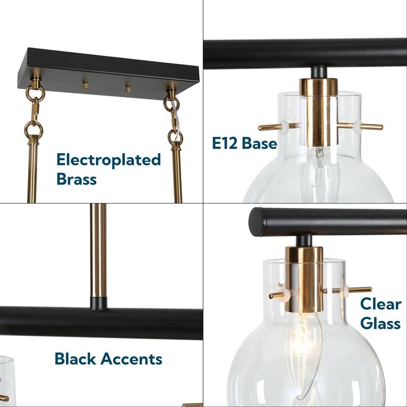 Modern Industrial 5-Light Black Gold Linear Chandelier Clear Glass Kitchen Island Lights for Dining Room