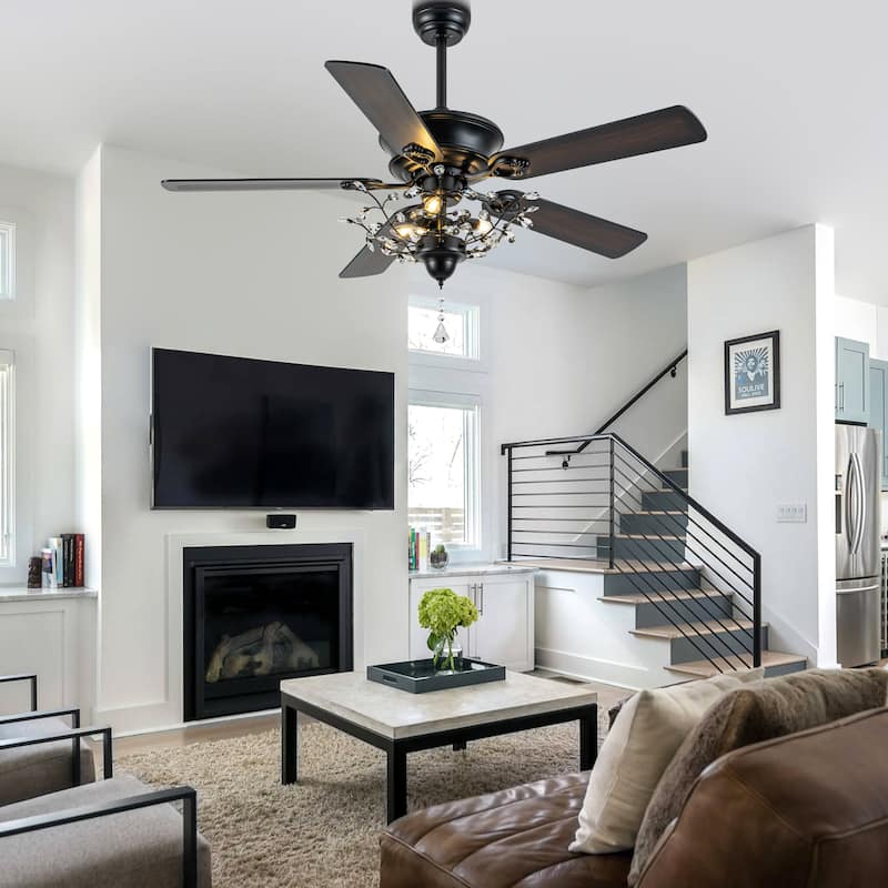 Bella Depot 52-inch Modern Crystal Ceiling Fan with Light Kit and Remote, 6-Speed Reversible Fandelier - 52"