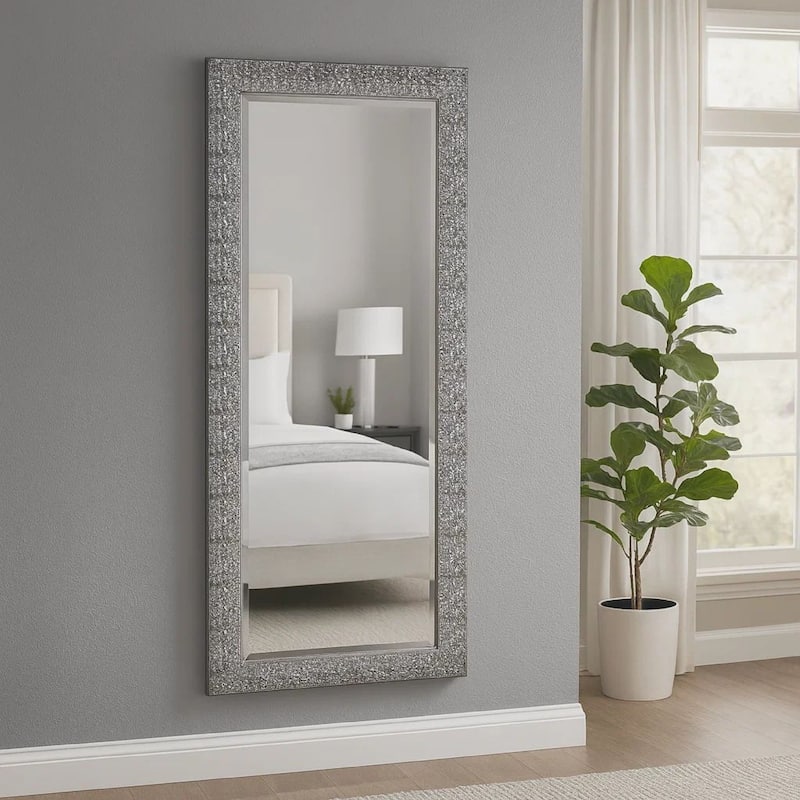 Rectangular Beveled Accent Floor Mirror with Glitter Mosaic Pattern, Gray