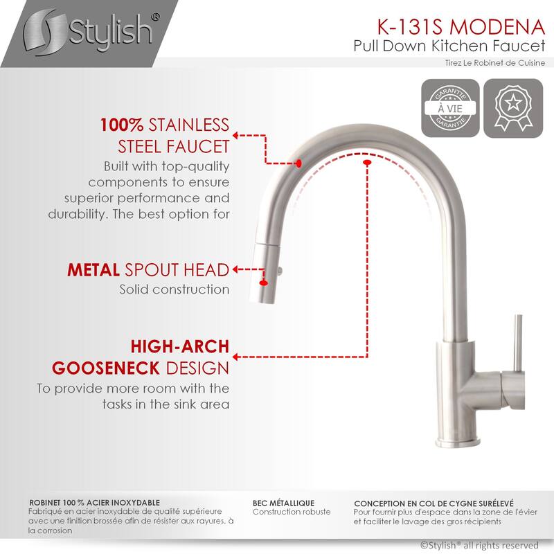 STYLISH Kitchen Sink Faucet Single Handle Pull Down Dual Mode in Stainless Steel - Faucet Height: 14 1/8" | Spout Height: 6 3/4"