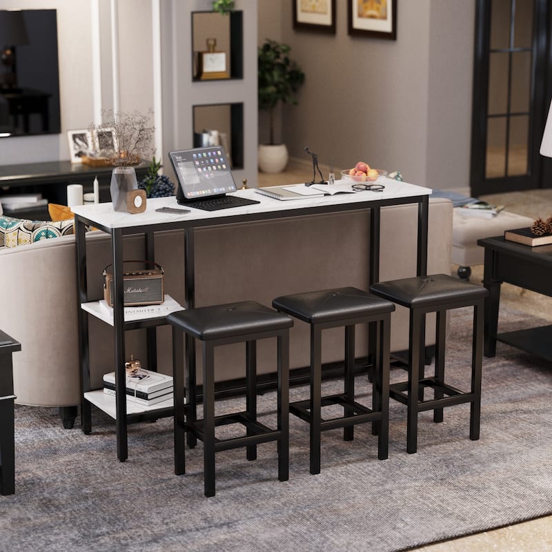3-People Counter Heihgt Dining Set w/Storage, 4 Piece Kitchen Bar Table Set w/3 Upholstered Stools