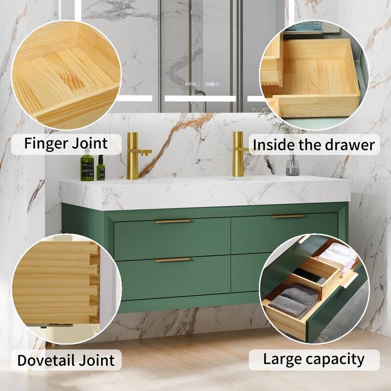 Modland 48" Wall-Mount Double Vanity with LED Light & 6 Drawers - Solid Oak, White / Green - 48 inch