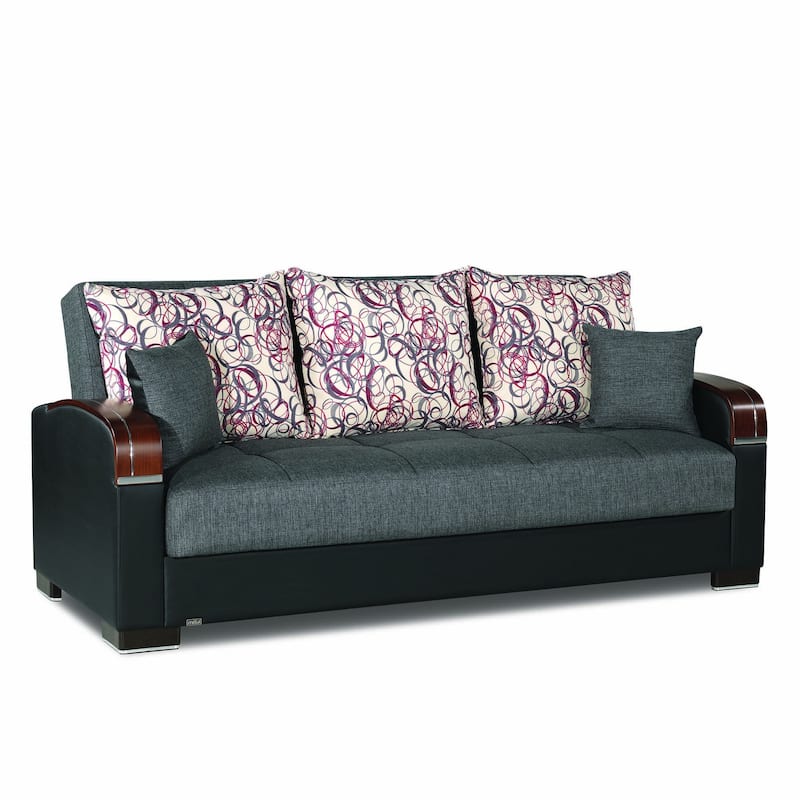 HomeRoots 87" Gray Polyester Convertible Futon Sleeper Sofa And Toss Pillows With Storage