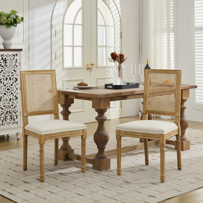 Roomfitters French Dining Chairs Set of 2, Solid Wood Louis Style with Rattan Back and Linen Upholstered Seat - Beige