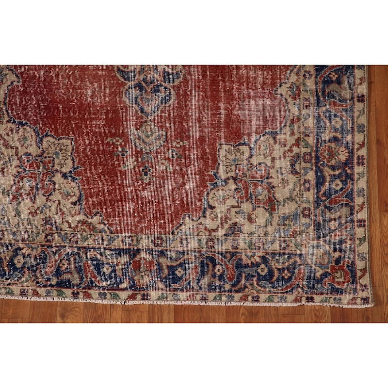 Distressed Oushak Turkish Vintage Area Rug Hand-Knotted Wool Carpet - 4'10" x 8'7"