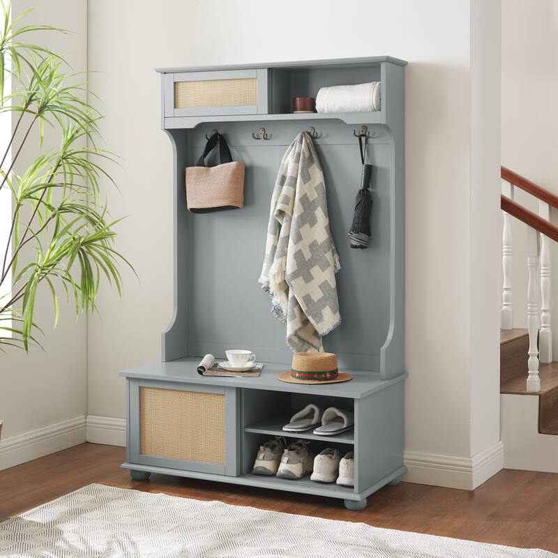 Hall Tree Storage Bench with Rattan Door, Shoe Bench with Adjustable Shelf - Grey