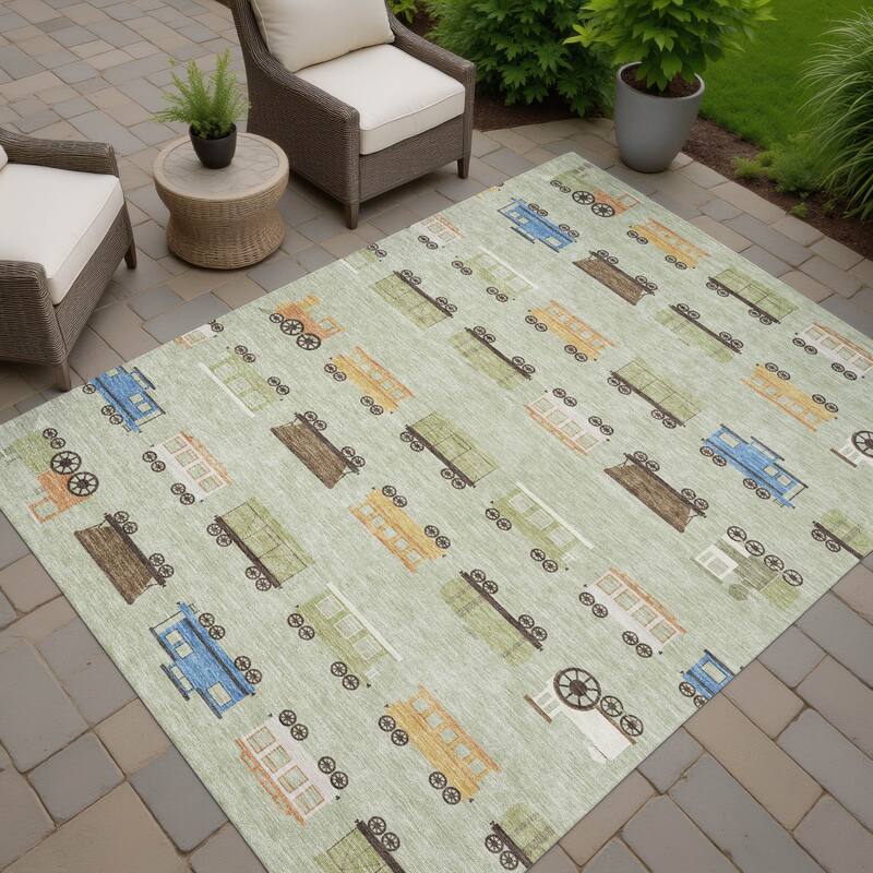 Machine Washable Indoor/ Outdoor Modern Train Chantille Rug