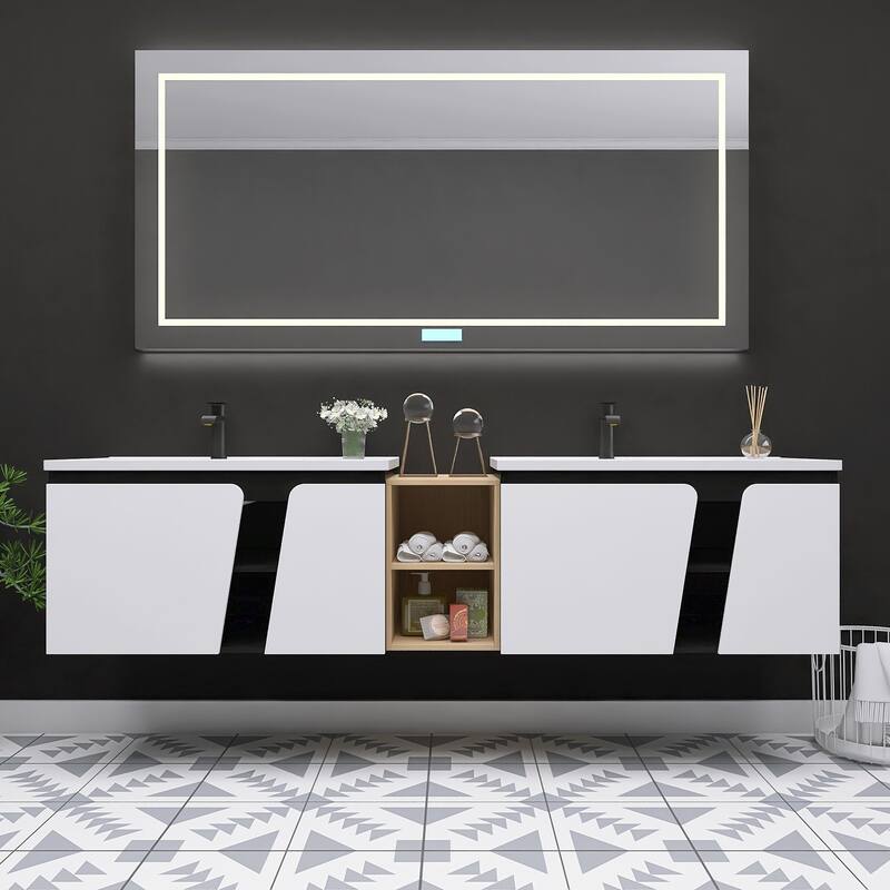 Bathroom Vanity With Sink In 32/36/40/84/76/92 Inch, Floating Bathroom Vanity With Soft Close Door - 83.2''W×19.9''D×20.1''H - Black