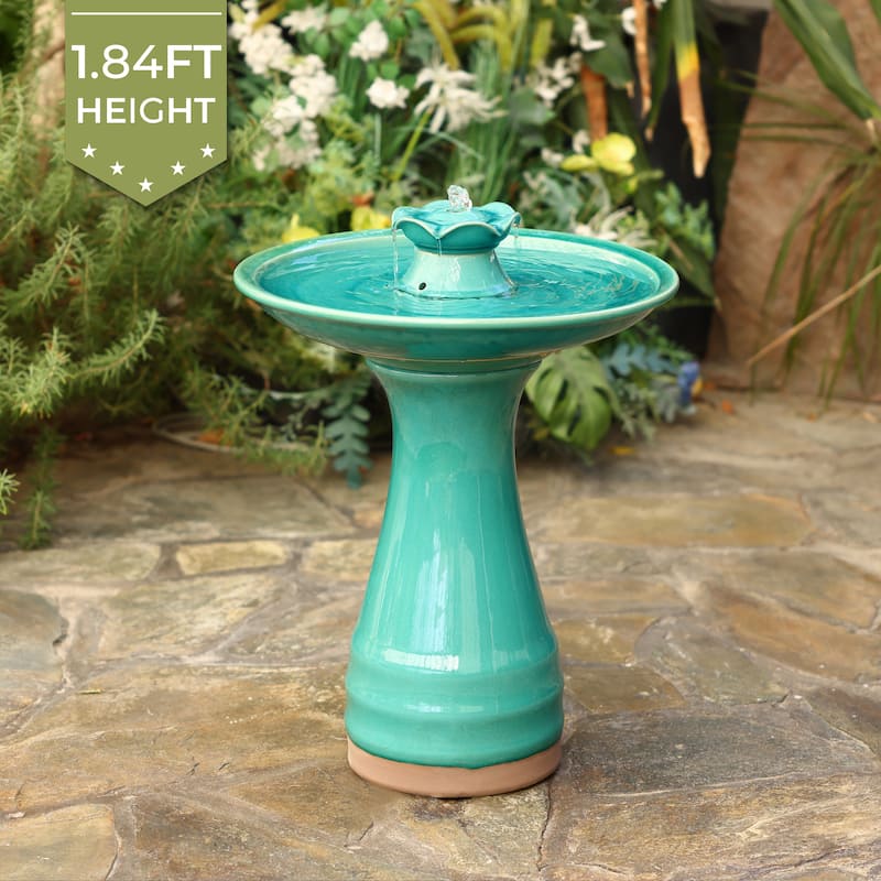 Aqua Glazed Ceramic 22-In Tall Birdbath Fountain