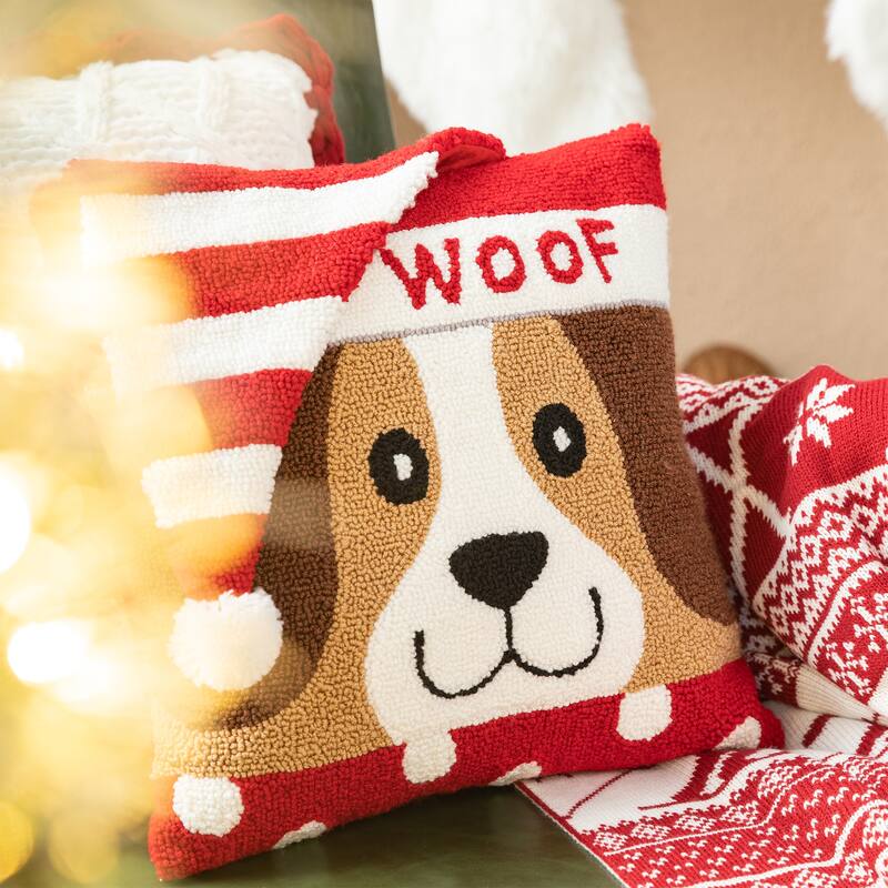 Glitzhome Hooked 3D Woof Dog Christmas Throw Pillow for Home Office Sofa Couch Bed