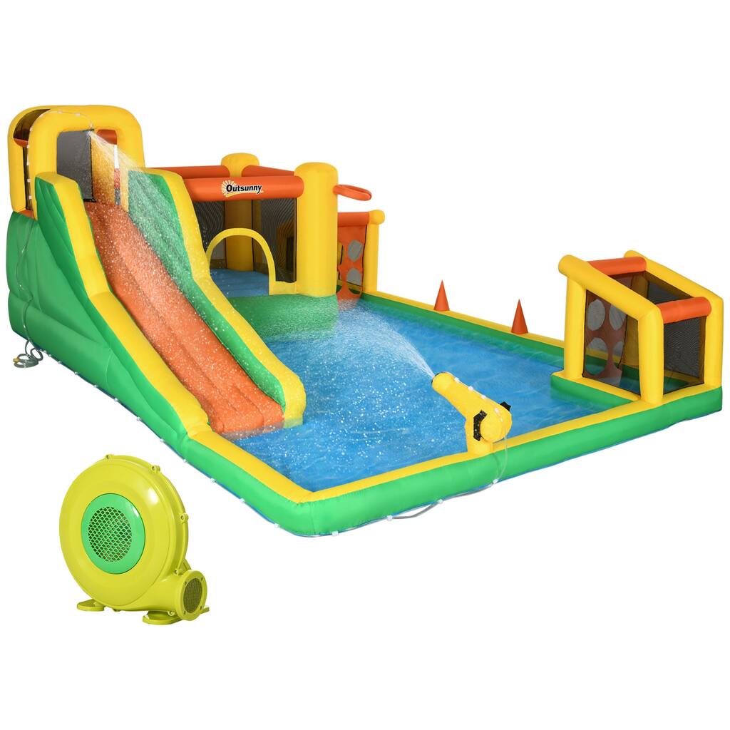 Outsunny 7 in 1 Inflatable Water Slide with Large Pool, Soccer Goal, Trampoline, Climbing Wall, Basketball Hoop