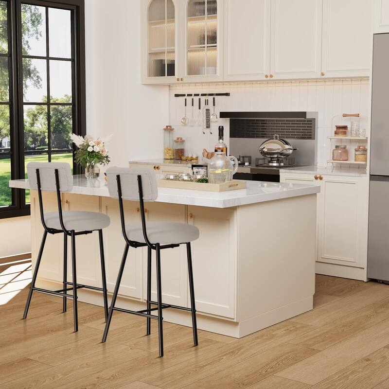 Boucle Upholstered Bar Stools Set of 2, Modern Counter Height Bar Chairs with High Back, Footrest and Metal Leg