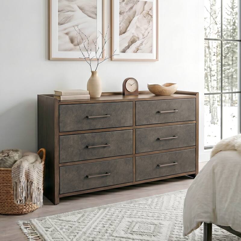 Furniture of America Thalv Mid-Century Modern Two-Tone Dark Walnut Wood 6-Drawer Dresser with Faux Leather Front Furniture of America Thalv Mid-Century Modern Two-Tone Dark Walnut Wood 6-Drawer Dresser with Faux Leather Front