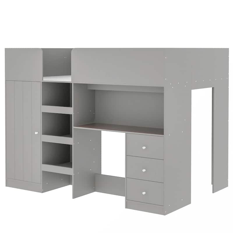 Full Size Loft Bed with Desk, Wardrobe, Drawers & Shelves, Wood Frame with Built-In Storage and Study Area