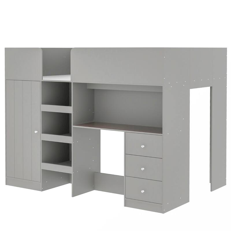 Full Size Solid Wood Loft Bed with Built-in Wardrobe, Desk, and Shelves