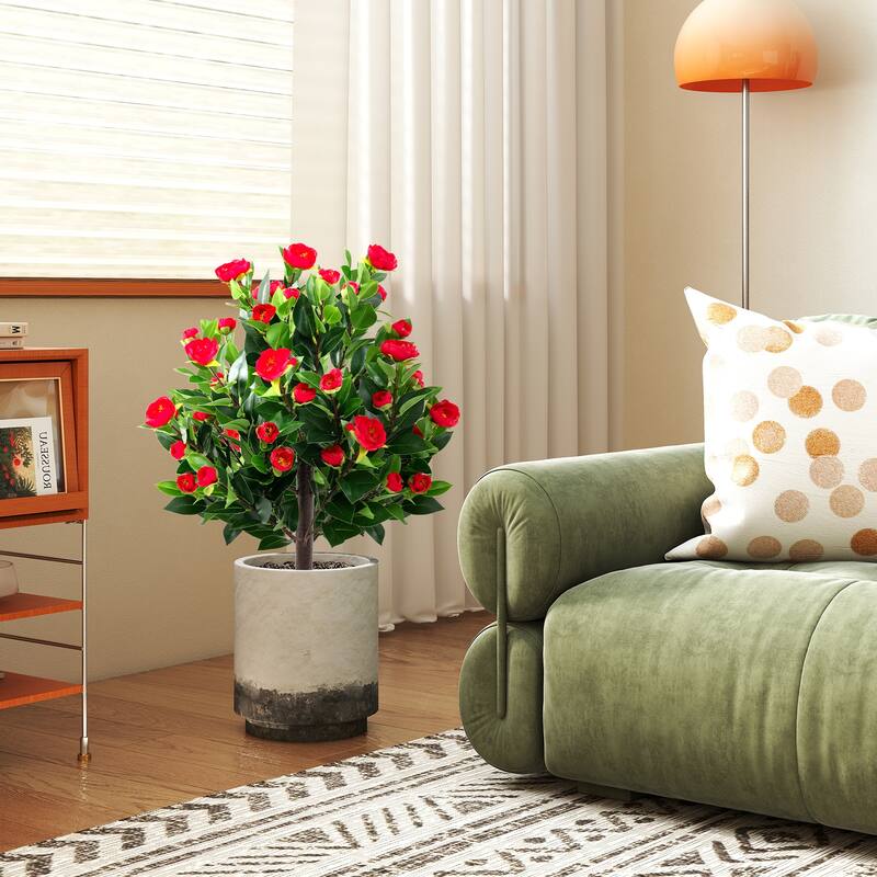 Artificial Camellia Tree Set of 2 with Red Flowers and Green Leaves for Indoor Outdoor Decor - 31"
