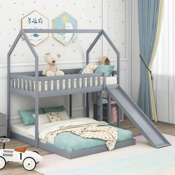 slide 2 of 9, Twin over Full House Bunk Bed with Full-Length Guardrail and Slide and Built-in Ladder. Grey
