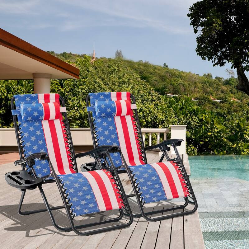 Set of 2 Zero Gravity Recliner Lounge Chairs with Cup Holders, Folding Patio Camping Beach Chairs for Outdoor Relaxation