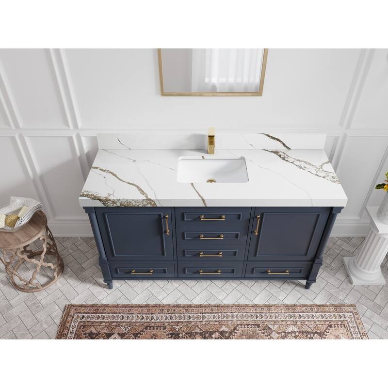 Willow Collections 60 in. W x 22 in. D Aberdeen Single Bowl Sink Bathroom Vanity with Countertop - 2" Calacatta Gold - Hale Navy Blue