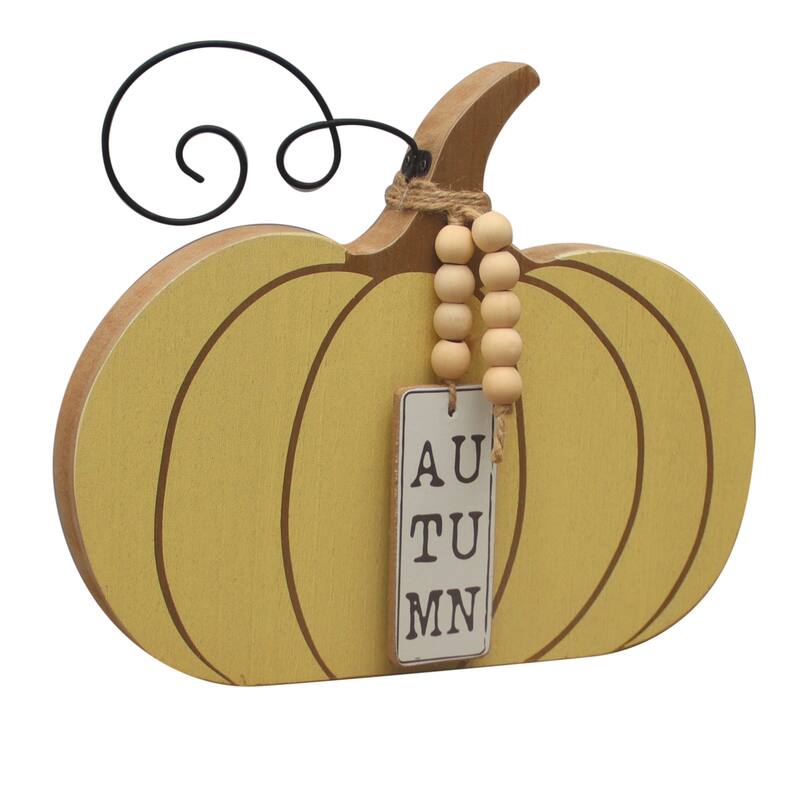 Pumpkin Sign Decoration with Wooden Beads Garland, Yellow