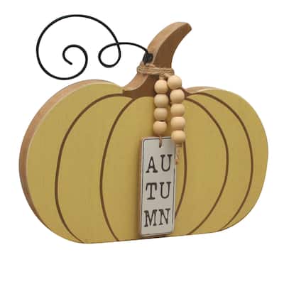 Pumpkin Sign Decoration with Wooden Beads Garland, Yellow