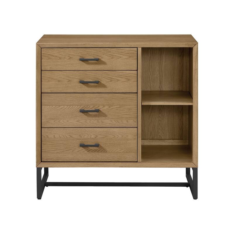 Newport 4-Drawer Solid Wood Chest-Bookcase, Natural Oak