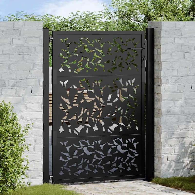 vidaXL Garden Gate Black Steel Leaf Design - Black