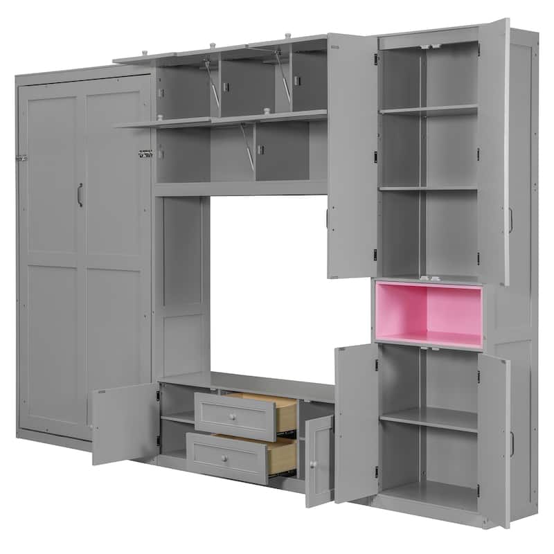 Space Saving Twin Murphy Bed, Wall Bed Unit with TV Console, Drawers and Storage Cabinets