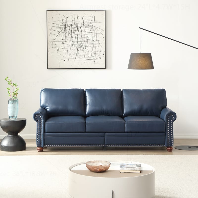 Luxurious Faux Leather Sofa with Storage and Sturdy Construction for Comfortable Seating - Navy Blue