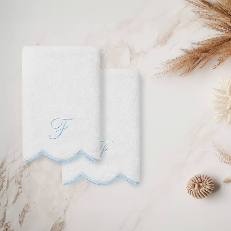 Authentic Hotel and Spa 100% Turkish Cotton Blue ADORNIA Scallop Personalized 2 Piece Fingertip Towel Set - 2 Fingertip Towels